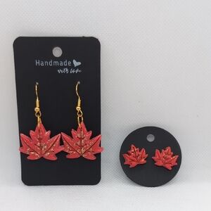 Handmade Red Leaf Earrings Set